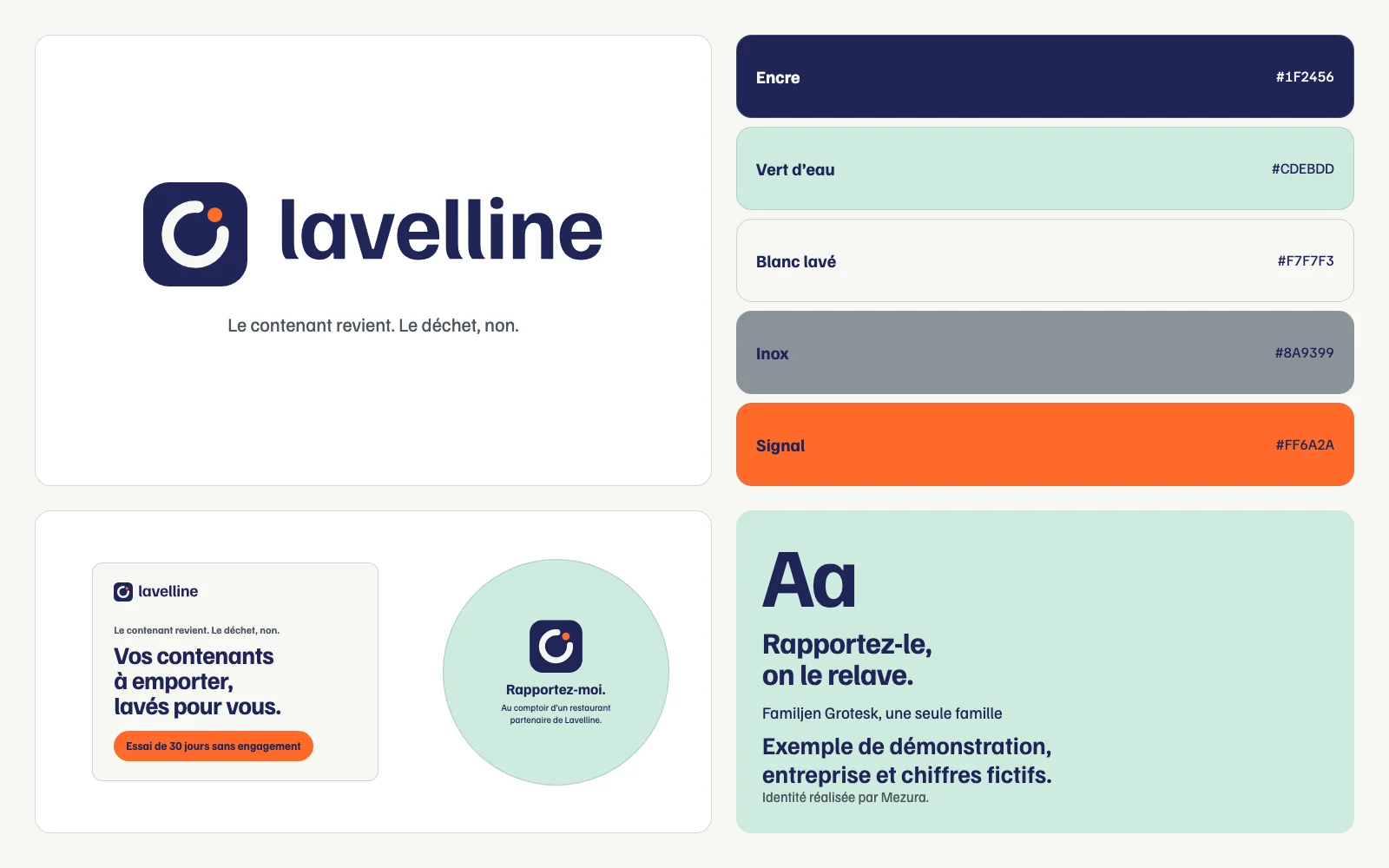 Planche d’identité de Lavelline, entreprise fictive : logo avec un anneau ouvert et un point orange, cinq couleurs de l’encre au signal orange, haut de la page d’accueil avec son bouton d’essai, étiquette de couvercle et typographie.