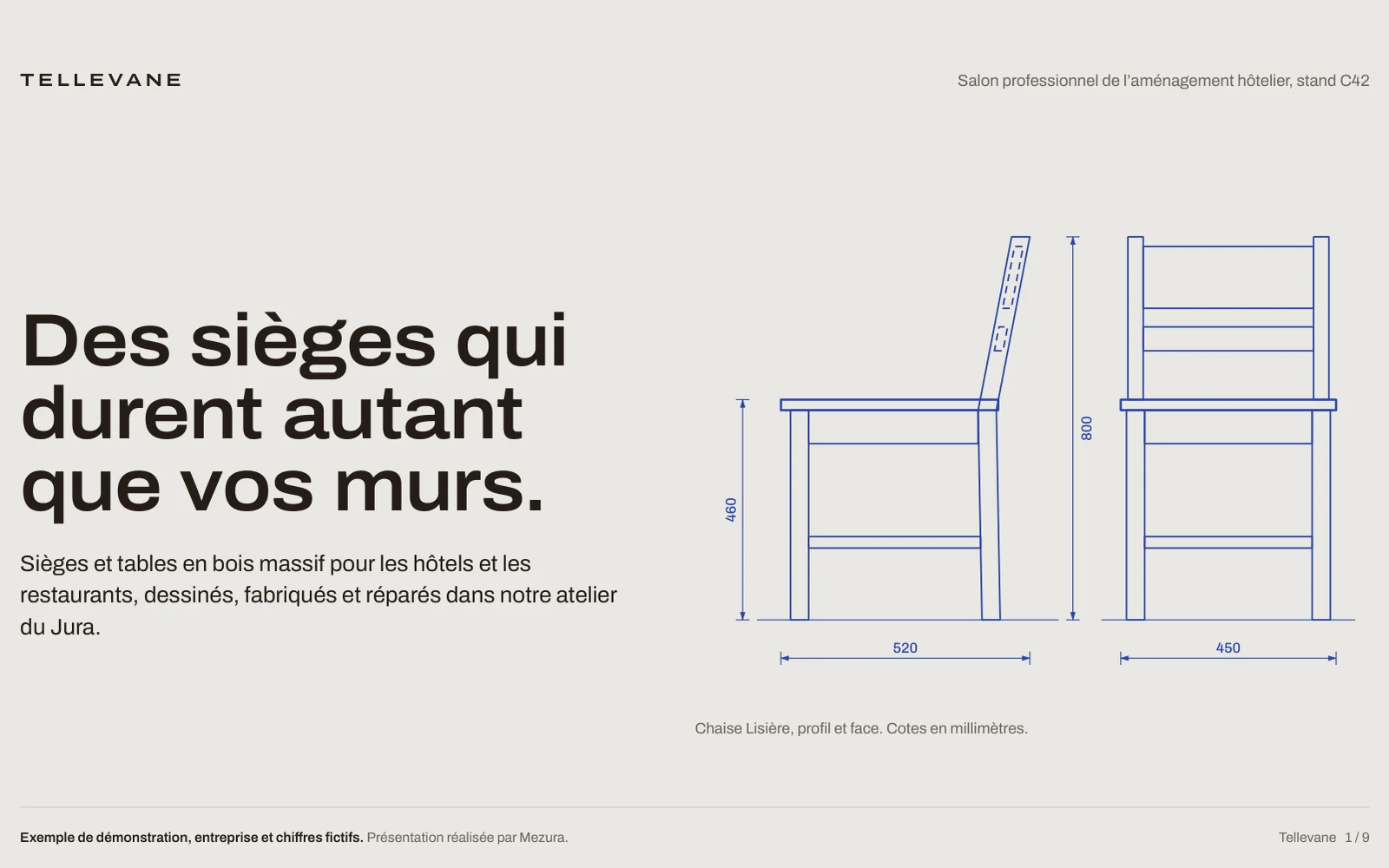 Couverture d’une présentation de salon pour Tellevane, fabricant fictif de mobilier : titre « Des sièges qui durent autant que vos murs » et dessin technique coté d’une chaise, de profil et de face.